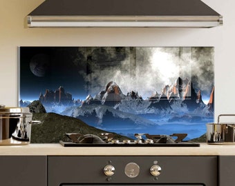 Backsplash de cozinha, tampa traseira do fogão, backsplash de vidro temperado, decoração de cozinha, tampa superior do fogão, presente de inauguração, presente para ela
