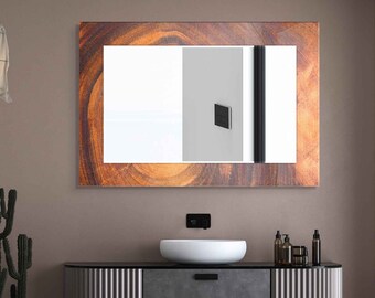 May include: A modern bathroom vanity with a gray and white countertop, two drawers, and a white porcelain sink. The vanity is mounted on the wall and has a decorative wood-framed mirror above it.