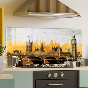 London Print Wall Art, Panneau de verre de dosseret de cuisinière, Décor mural de cuisine, Couvercle de cuisinière pour gaz, Accessoires de cuisine, Couvercle de cuisinière