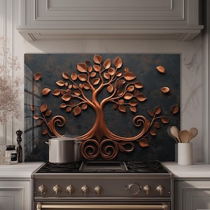 Dosseret en verre trempé, crédence de cuisine arbre de vie, couverture arrière de poêle, oeuvre d'art murale en verre trempé, couvercle de dessus de cuisinière, décoration de cuisine