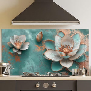 Dosseret en verre trempé, crédence de cuisine florale, couverture arrière de poêle, oeuvre d'art murale en verre trempé, couvercle de cuisinière, décoration de cuisine