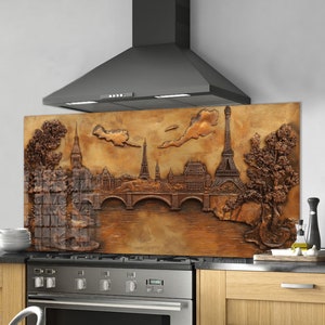 Dosseret en verre trempé, crédence de cuisine Tours Eiffel, couverture arrière de poêle, oeuvre d'art murale en verre trempé, couvercle de cuisinière, décoration de cuisine
