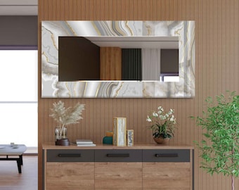 Tempered Glass Wall Mirror, Marble Accent, Luxury Home Decor