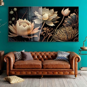 Tempered Glass Wall Art, Extra Large Wall Decor, Living Room Home Decor, Flowers Glass Painting, Decor for Bedroom, Housewarming Gift