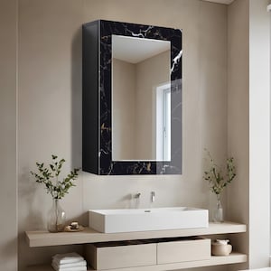 Bathroom Wall Cabinet with Mirror, Wall Mounted MDF Shelf, Medicine Cabinet, Wooden Wall Decor, Tempered Glass Wall Art, Bathroom Storage