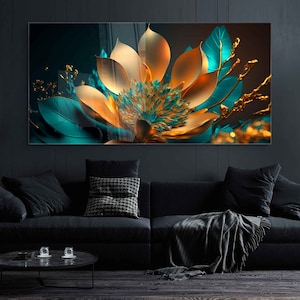 Tempered Glass Wall Art, Extra Large Wall Decor, Living Room Home Decor, Flowers Glass Painting, Decor for Bedroom, Housewarming Gift