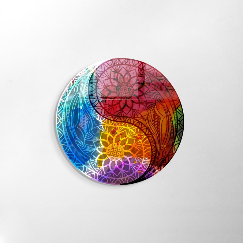 May include: A colorful yin yang symbol with intricate mandala designs in shades of blue, red, yellow, and purple.