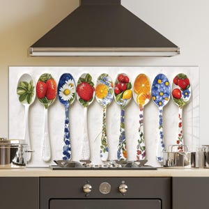 Dosseret en verre trempé, crédence de cuisine avec cuillères colorées, couverture arrière de poêle, oeuvre d'art murale en verre trempé, couvercle de cuisinière, décoration de cuisine
