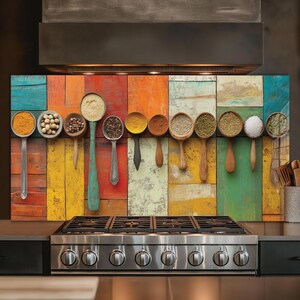 Dosseret en verre trempé, crédence de cuisine cuillère colorée, couverture arrière de poêle, oeuvre d'art murale en verre trempé, couvercle de cuisinière, décoration de cuisine