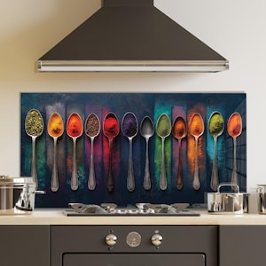 Dosseret en verre trempé, crédence de cuisine cuillère colorée, couverture arrière de poêle, oeuvre d'art murale en verre trempé, couvercle de cuisinière, décoration de cuisine