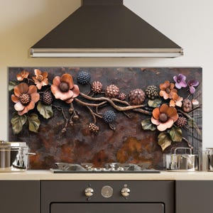 Fleurs colorées, dosseret de cuisine, dosseret en verre trempé, coque arrière de cuisinière, oeuvre d'art murale en verre trempé, couvercle de cuisinière, décoration de cuisine