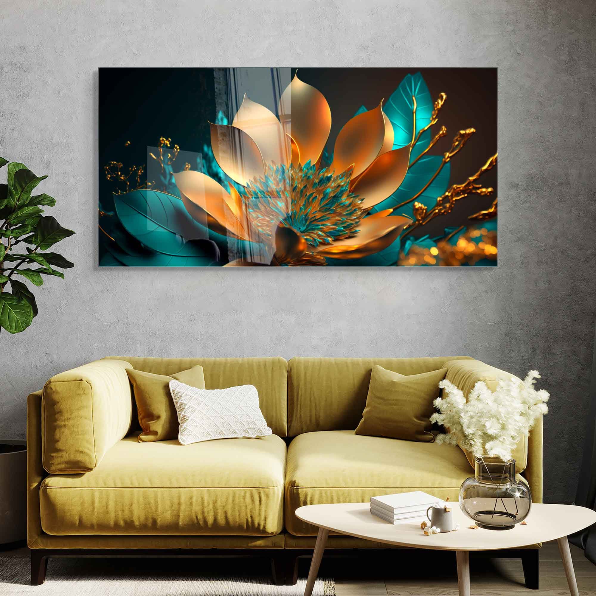 Tempered Glass Wall Art, Extra Large Wall Decor, Living Room Home Decor, Flowers Glass Painting, Decor for Bedroom, Housewarming Gift