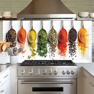 Dosseret en verre trempé, crédence de cuisine cuillère colorée, couverture arrière de poêle, oeuvre d'art murale en verre trempé, couvercle de cuisinière, décoration de cuisine