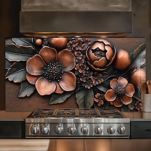 Dosseret en verre trempé, crédence de cuisine florale, couverture arrière de poêle, oeuvre d'art murale en verre trempé, couvercle de cuisinière, décoration de cuisine