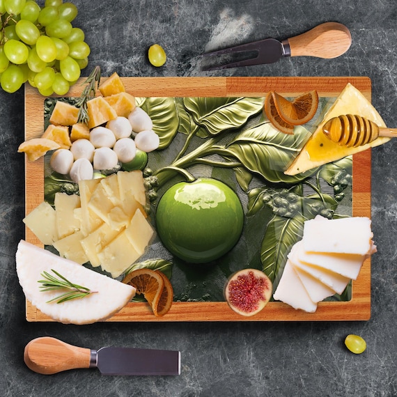 シャルキュトリーボード、木製ベース付き強化ガラスサービングトレイ