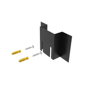 May include: Black metal bracket with three silver screws and two yellow plastic anchors. The bracket has a rectangular shape with a cut-out in the center.