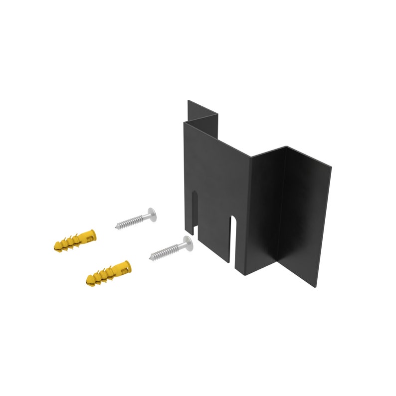 May include: Black metal bracket with three silver screws and two yellow plastic anchors. The bracket has a rectangular shape with a cut-out in the center.