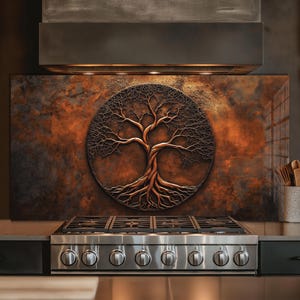 Dosseret en verre trempé, crédence de cuisine arbre de vie, couverture arrière de poêle, oeuvre d'art murale en verre trempé, couvercle de dessus de cuisinière, décoration de cuisine