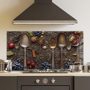 Dosseret en verre trempé, crédence de cuisine cuillère en cuivre, couverture arrière de poêle, oeuvre d'art murale en verre trempé, couvercle de cuisinière, décoration de cuisine