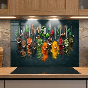 Puede incluir: Un protector contra salpicaduras de cocina con un fondo oscuro con varias especias exhibidas en cucharas antiguas. Las especias incluyen hojuelas de pimiento rojo, cúrcuma y hierbas verdes. El protector contra salpicaduras está montado sobre una placa de cocina negra.