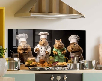 May include: Four squirrels dressed as chefs are cooking in a kitchen. They are wearing white chef hats and aprons. The squirrels are standing on a countertop in front of a black background. There are pots, pans, and other cooking utensils on the countertop.