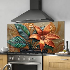 Dosseret en verre trempé, crédence de cuisine florale, couverture arrière de poêle, oeuvre d'art murale en verre trempé, couvercle de cuisinière, décoration de cuisine