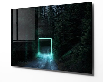 May include: A dark forest path with a glowing green neon square frame in the middle of the path. The frame is a doorway to a mysterious and magical place.