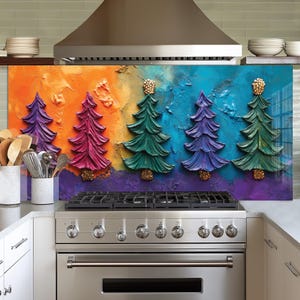 Dosseret en verre trempé, crédence de cuisine pins colorés, couverture arrière de poêle, oeuvre d'art murale en verre trempé, couvercle de dessus de cuisinière, décoration de cuisine