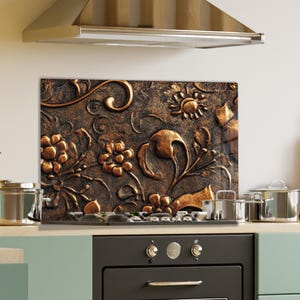 Dosseret de cuisine en verre trempé fleurs cuivrées, Cache d'évier de cuisine, Garde-boue d'évier, Couvercle supérieur arrière de cuisinière, Carrelage en verre pour dosseret