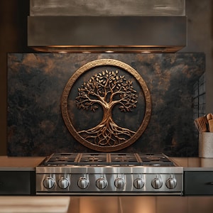 Dosseret en verre trempé, crédence de cuisine arbre de vie, couverture arrière de poêle, oeuvre d'art murale en verre trempé, couvercle de dessus de cuisinière, décoration de cuisine