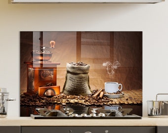 May include: A vintage coffee grinder with a wooden body and a metal crank, a burlap sack filled with coffee beans, and a cup of coffee with steam rising from it. The scene is set on a rustic wooden surface with cinnamon sticks and coffee beans scattered around.