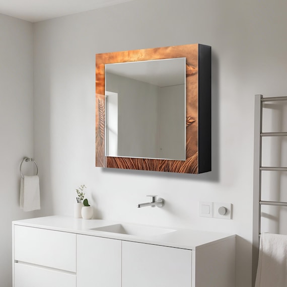Badezimmer-Wandschrank mit Spiegel, an der Wand befestigtes MDF-Regal, Medizinschrank, Holzwanddekor, Wandkunst aus gehärtetem Glas, Badezimmer-Aufbewahrung