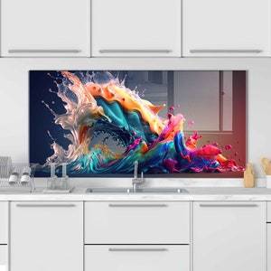 Kitchen Sink Splash Guard-Kitchen Sink Cover-Tempered Glass Kitchen Backsplash-Stove Back Top Cover-Abstract Paint Glass Splashback Tile