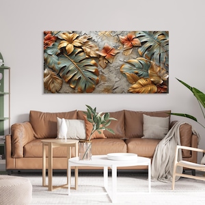 Steel Leaves Tempered Glass Wall Art, Extra Large Wall Decor, Living Room Home Decor, Tempered Glass Painting, Decor for Bedroom