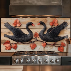 Dosseret en verre trempé, crédence de cuisine cygne noir, couverture arrière de poêle, oeuvre d'art murale en verre trempé, couvercle de cuisinière à gaz, décoration de cuisine