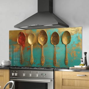 Dosseret en verre trempé, crédence de cuisine cuillère dorée, couverture arrière de poêle, oeuvre d'art murale en verre trempé, couvercle de cuisinière, décoration de cuisine