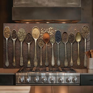 Cuillère en cuivre, dosseret de cuisine, dosseret en verre trempé, couverture arrière de cuisinière, oeuvre d'art murale en verre trempé, couvercle de cuisinière, décoration de cuisine
