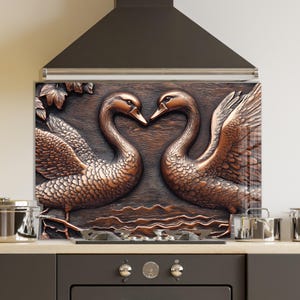 Dosseret en verre trempé, crédence de cuisine cygne en cuivre, couverture arrière de poêle, oeuvre d'art murale en verre trempé, couvercle de cuisinière à gaz, décoration de cuisine
