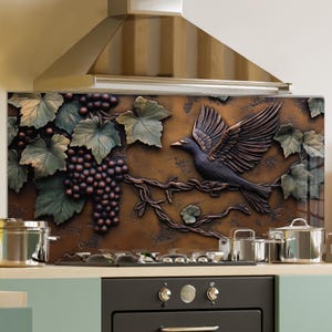 Dosseret en verre trempé, crédence de cuisine Grapevine, couverture arrière de poêle, oeuvre d'art murale en verre trempé, couvercle de dessus de cuisinière, décoration de cuisine