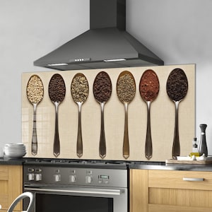 Dosseret en verre trempé, crédence de cuisine cuillère colorée, couverture arrière de poêle, oeuvre d'art murale en verre trempé, couvercle de cuisinière, décoration de cuisine