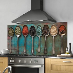 Dosseret en verre trempé, crédence de cuisine cuillère colorée, couverture arrière de poêle, oeuvre d'art murale en verre trempé, couvercle de cuisinière, décoration de cuisine