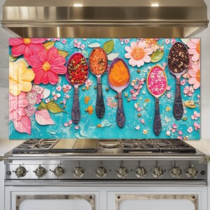 Cuillères colorées, dosseret de cuisine, dosseret en verre trempé, coque arrière de cuisinière, oeuvre d'art murale en verre trempé, couvercle de cuisinière, décoration de cuisine