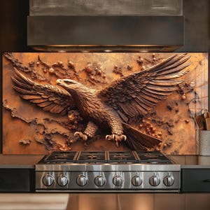 Dosseret en verre trempé, crédence de cuisine Copper Eagle, couverture arrière de poêle, art mural en verre trempé, capot de cuisinière, décoration de cuisine