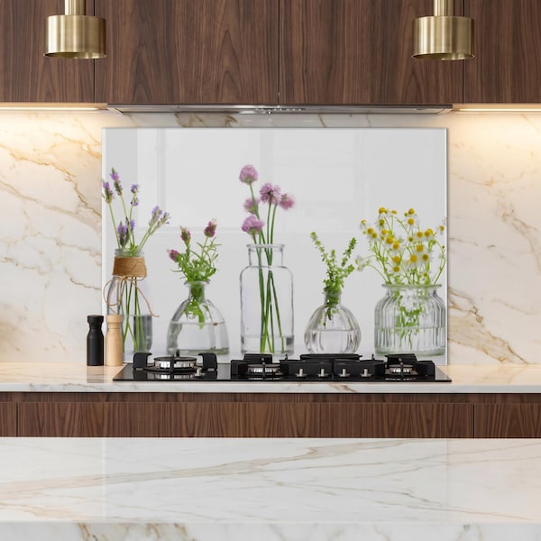 Floral Tempered Glass Kitchen Backsplash, Stove Top Cover