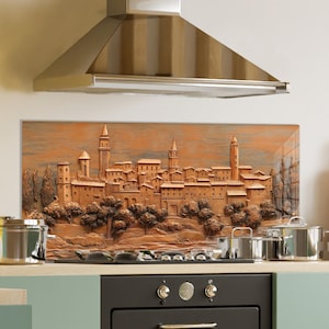 Dosseret en verre trempé, crédence de cuisine de la ville antique, couverture arrière de poêle, oeuvre d'art murale en verre trempé, couvercle de dessus de cuisinière, décoration de cuisine