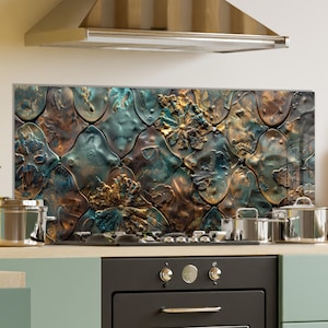 Dosseret de cuisine en mosaïque de cuivre et verre trempé, Recouvrement d'évier de cuisine, Garde-boue d'évier, Couvercle supérieur arrière de cuisinière, Carrelage en verre pour dosseret