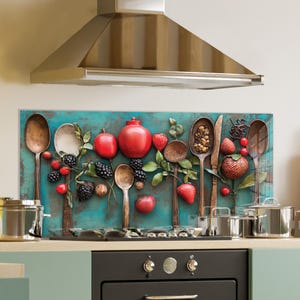 Dosseret en verre trempé, crédence de cuisine cuillère colorée, couverture arrière de poêle, oeuvre d'art murale en verre trempé, couvercle de cuisinière, décoration de cuisine