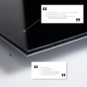 May include: A close-up of a black glass panel with rounded edges. The glass is 4 mm thick, impact resistant, and tempered. It has pencil-ground edges and is printed with a UV digital printer. The text "Certificated, number one quality glass" is visible on the image.