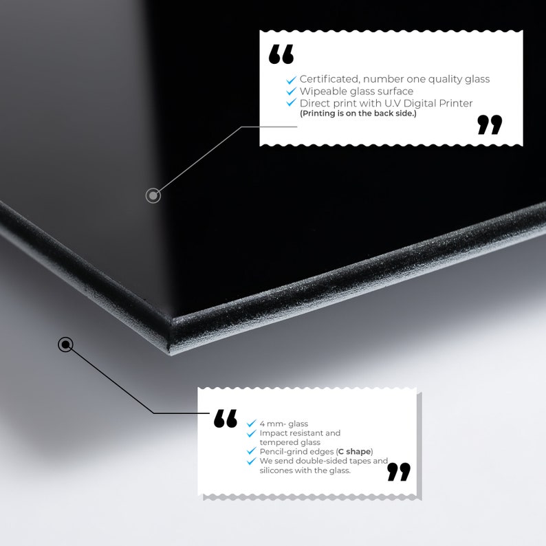 May include: A close-up of a black glass panel with rounded edges. The glass is 4 mm thick, impact resistant, and tempered. It has pencil-ground edges and is printed with a UV digital printer. The text "Certificated, number one quality glass" is visible on the image.