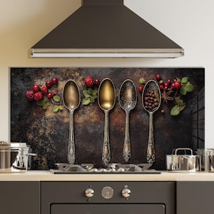 Dosseret en verre trempé, crédence de cuisine cuillère en cuivre, couverture arrière de poêle, oeuvre d'art murale en verre trempé, couvercle de cuisinière, décoration de cuisine